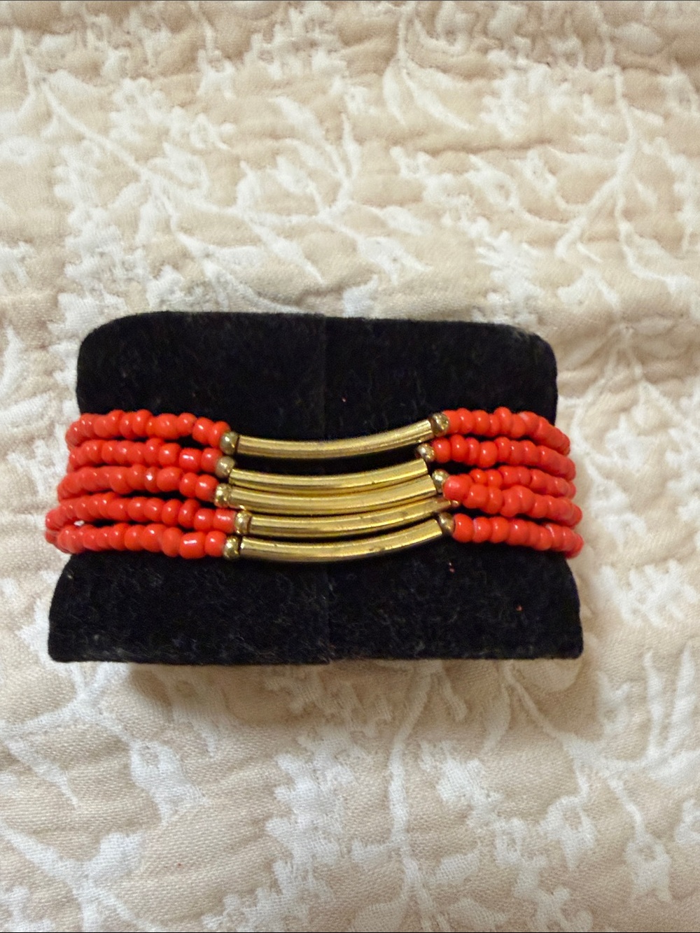 Coral Bead Multi-Strand Bracelet with Gold Curved Bars